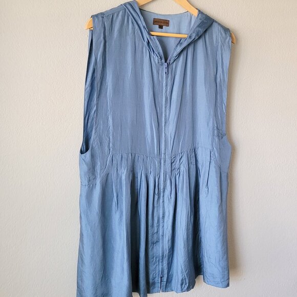 Vintage Blue Silk Hooded Zip Dress, Sleeveless Loose Fit Cover-Up/Size M - Picture 4 of 7